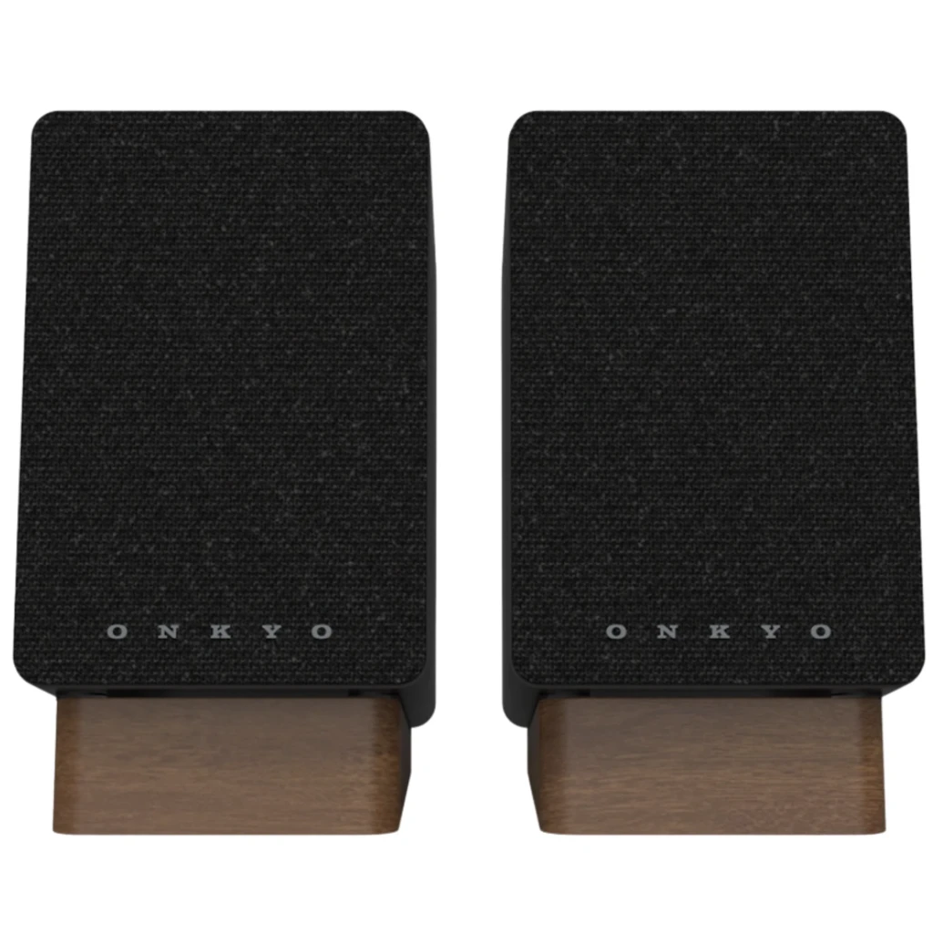 Colunas Onkyo GX-10DB pretas, design minimalista com frentes em tecido e base em madeira, formato retangular compacto, par estéreo elegante - Item3