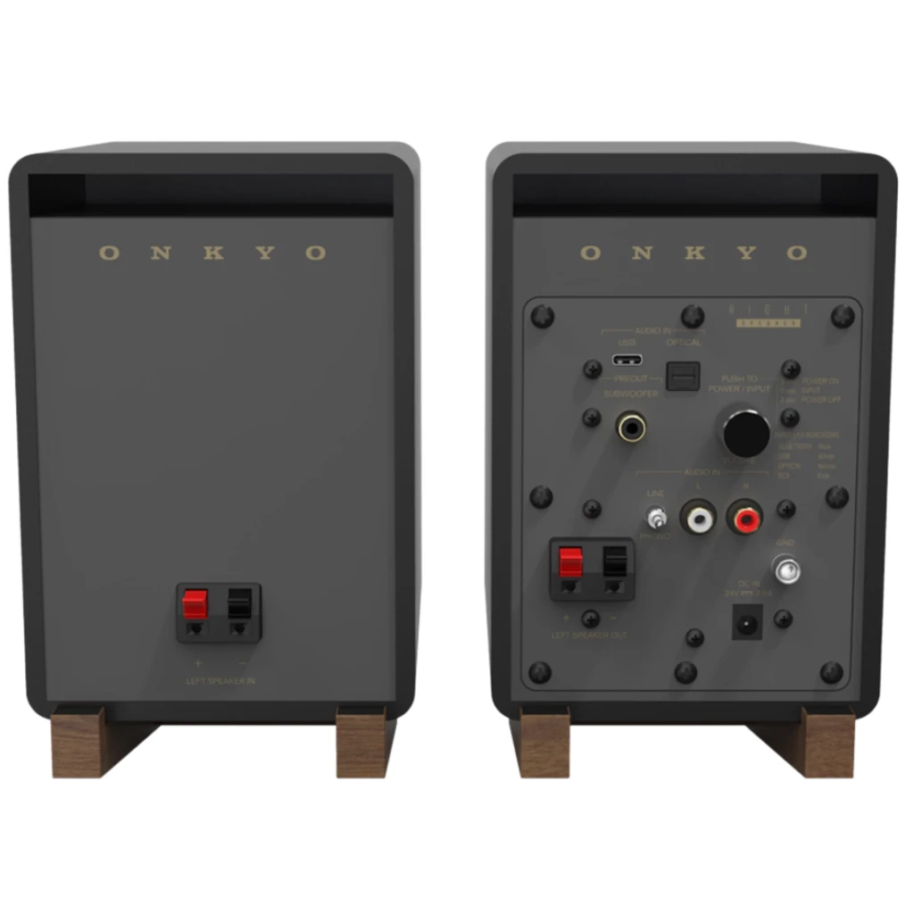 Colunas Onkyo GX-10DB pretas, design minimalista com frentes em tecido e base em madeira, formato retangular compacto, par estéreo elegante - Item2