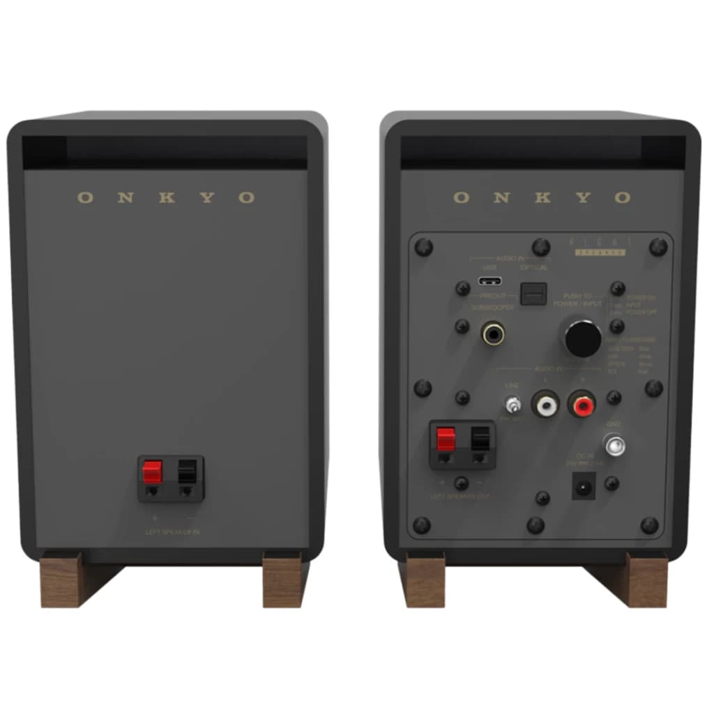 Onkyo GX-10DB Creator Speaker 17W x 2 Bluetooth Negro con dos altavoces en negro mate, bases de madera y panel trasero con puertos RCA, AUX, USB y controles