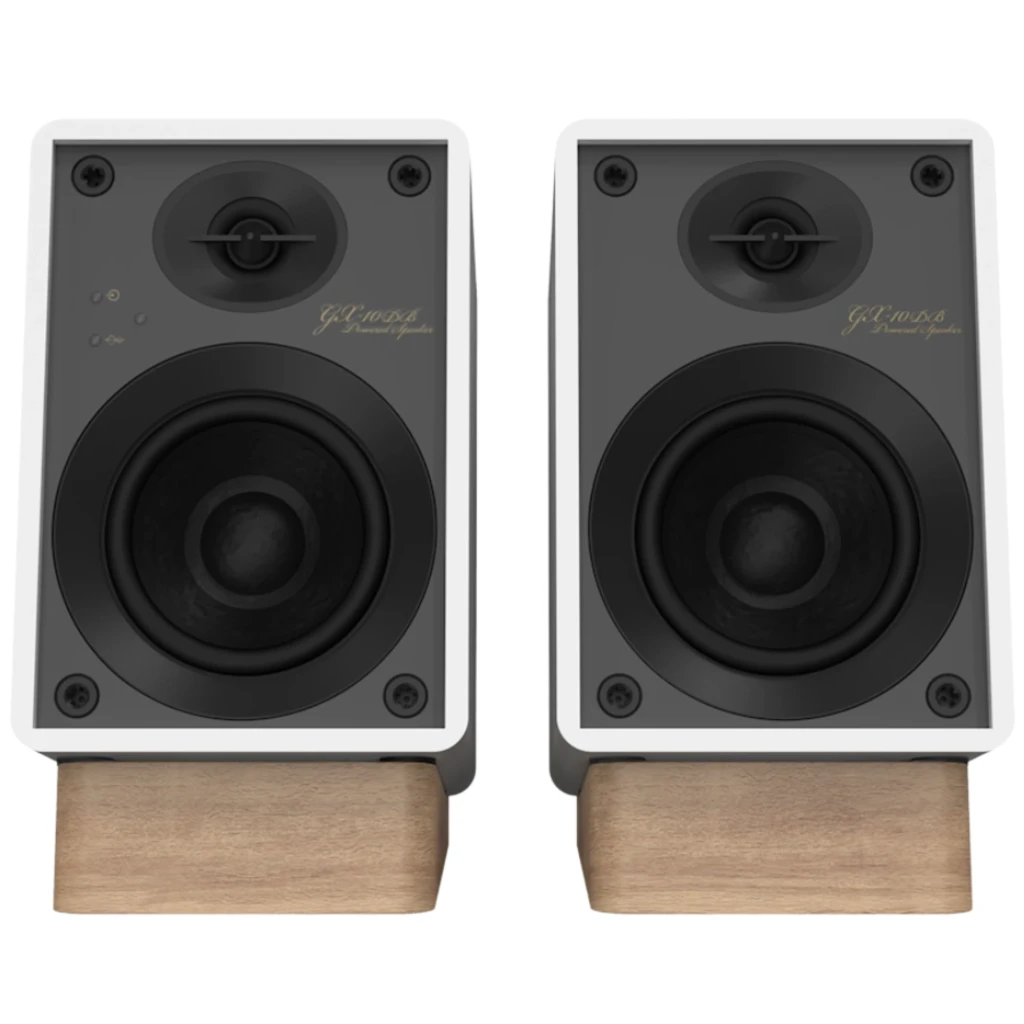 Colunas Onkyo GX-10DB Creator brancas, frente em tecido cinza e base em madeira clara, design minimalista, 17 W x 2, Bluetooth integrado - Item2