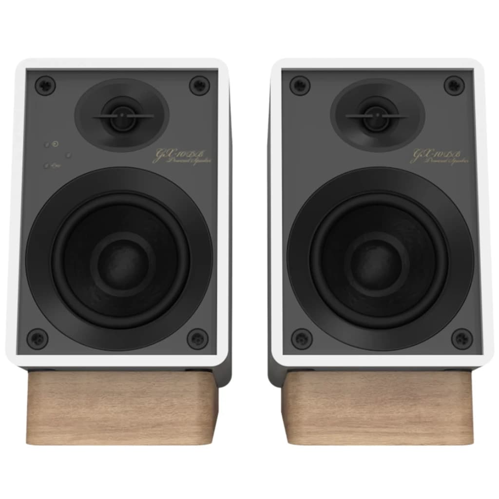 Par de altavoces Onkyo GX-10DB blancos con frontal gris, tweeter y woofer visibles, LEDs de estado y bases de madera; diseño compacto, Bluetooth 17W x 2