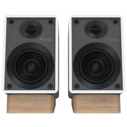 Par de altavoces Onkyo GX-10DB blancos con frontal gris, tweeter y woofer visibles, LEDs de estado y bases de madera; diseño compacto, Bluetooth 17W x 2