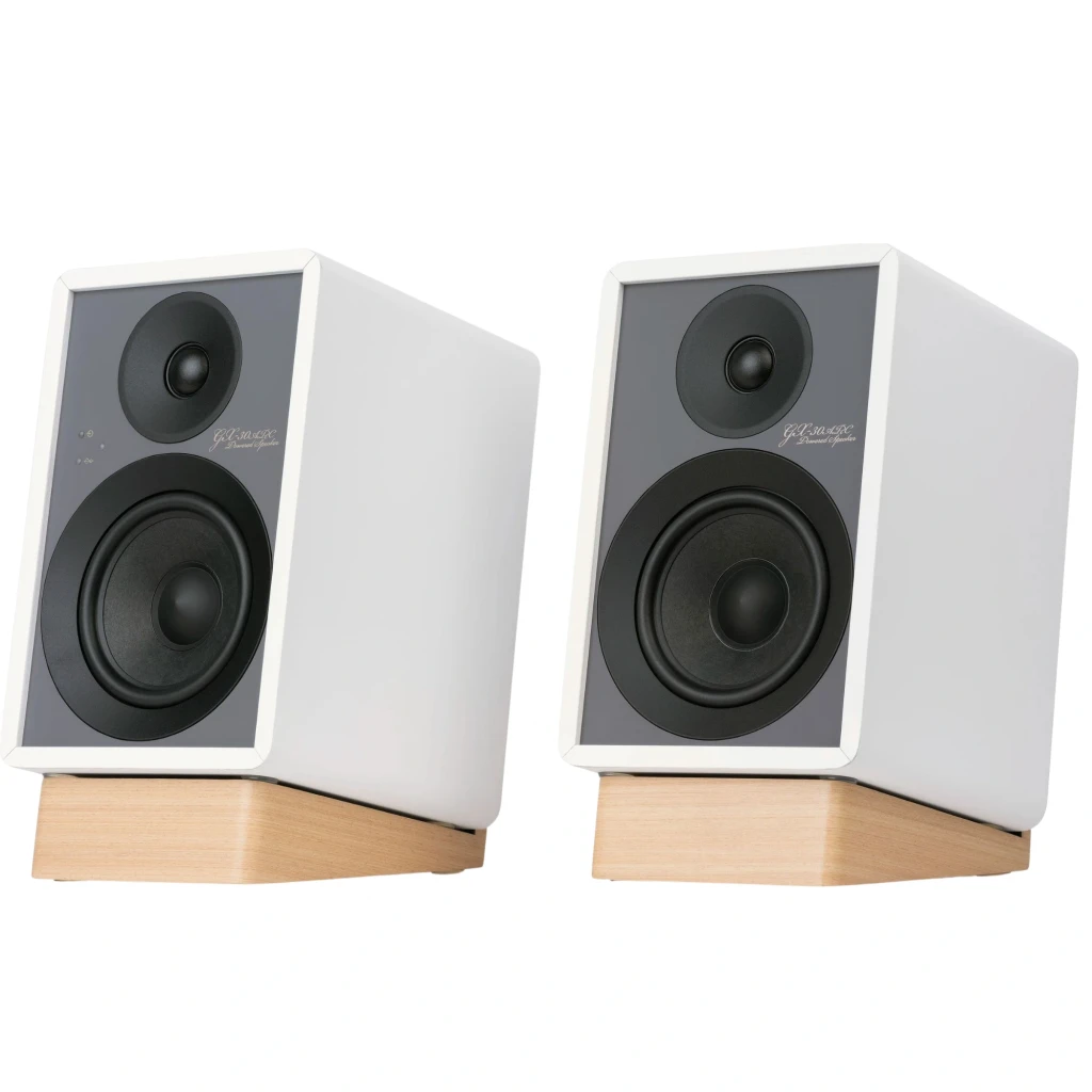 Colunas Onkyo GX-10DB Creator brancas, frente em tecido cinza e base em madeira clara, design minimalista, 17 W x 2, Bluetooth integrado - Item1