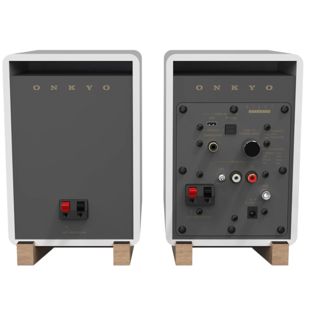 Colunas Onkyo GX-10DB Creator brancas, frente em tecido cinza e base em madeira clara, design minimalista, 17 W x 2, Bluetooth integrado - Item3