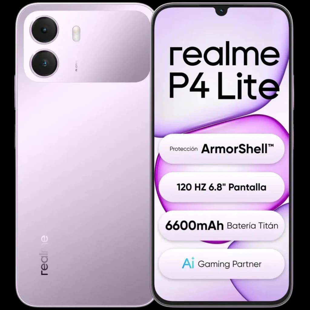 Realme P4 Lite 4G lilás com dupla câmara traseira, ecrã IPS 6,74 polegadas com notch gota, acabamento fosco elegante e molduras finas