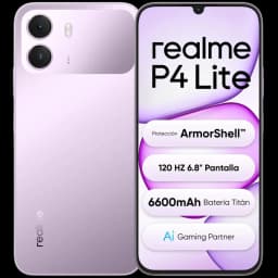 Realme P4 Lite 4G lilás com tela de 6,8 pol 120 Hz, notch em gota, câmeras duplas traseiras, laterais curvas e bateria 6600 mAh destacada na frente
