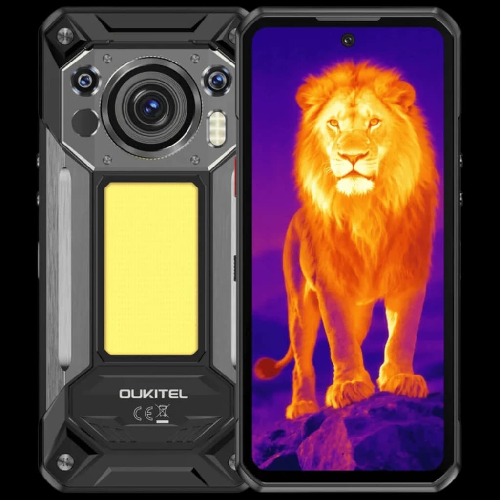 Smartphone robuste Oukitel WP500 Ultra Thermal noir avec grand écran 6,78 120 Hz, module caméra thermique pro, capteurs arrière visibles et coque antichoc