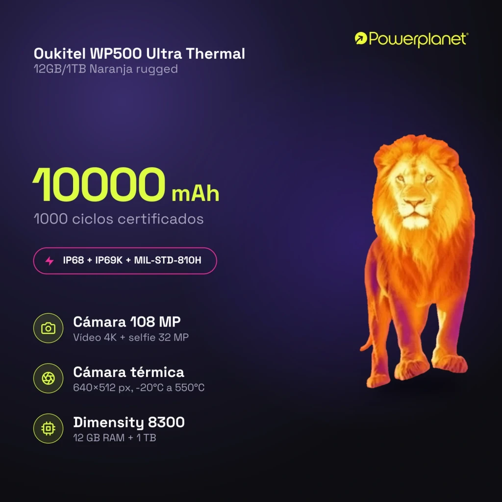 Oukitel WP500 Ultra Thermal naranja con cámara térmica 640×512px, cuerpo rugerizado MIL-STD-810H IP69K, pantalla con imagen térmica de león - Ítem8