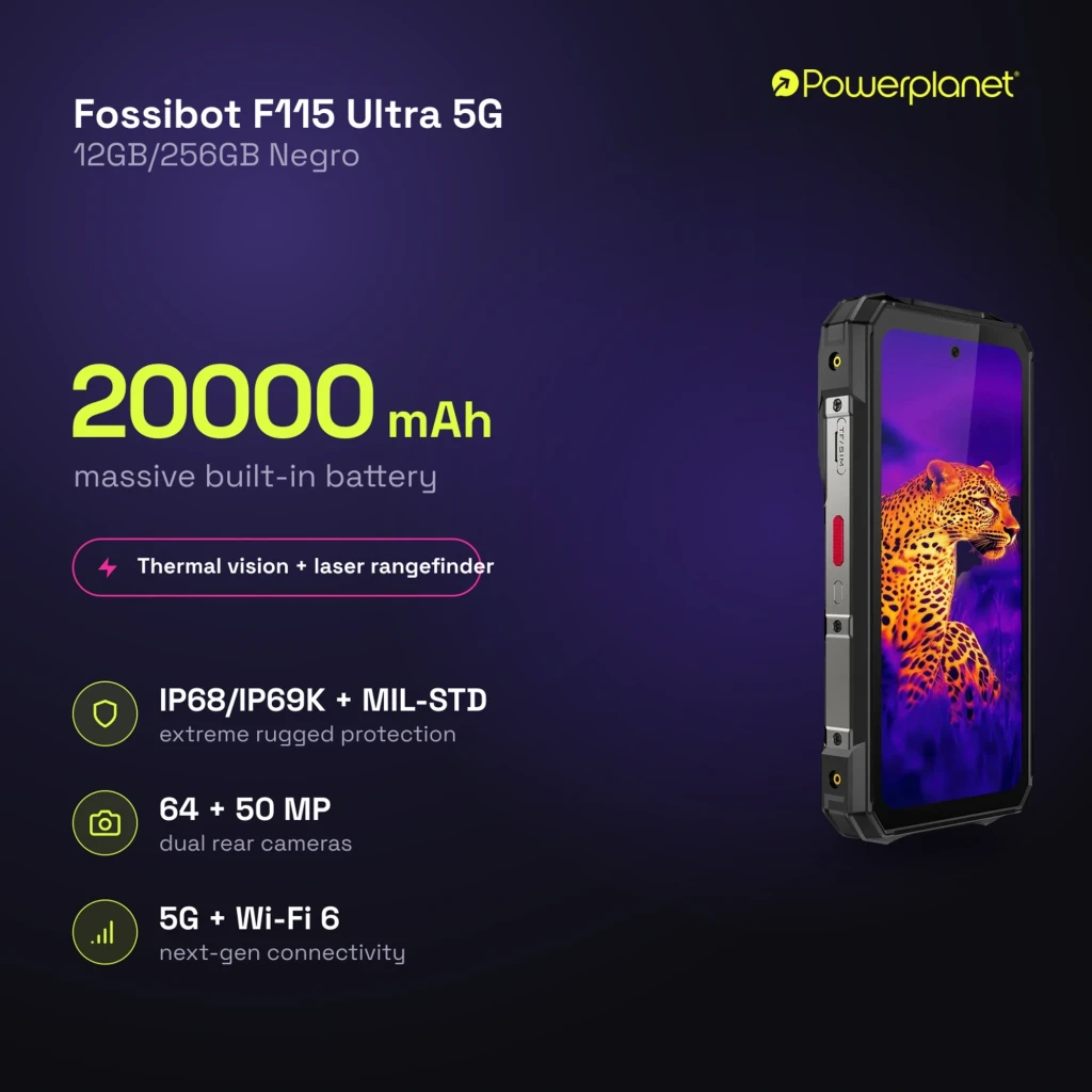 Fossibot F115 Ultra 5G negro, móvil rugerizado con gran módulo de cámara y visión térmica, pantalla brillante, bordes reforzados y batería 20000 mAh - Ítem7
