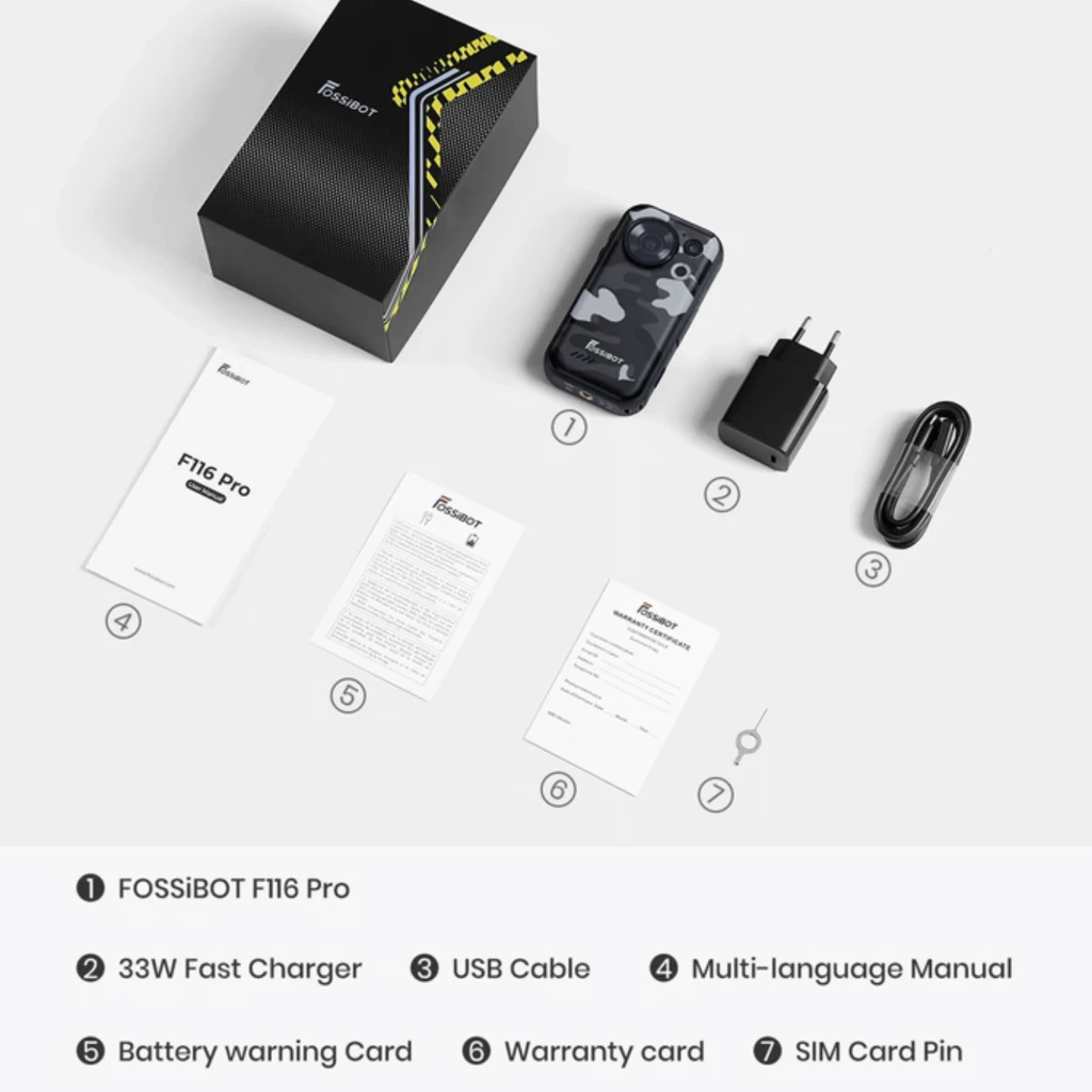 Fossibot F116 Pro 5G laranja com traseira camuflada, módulo de câmera circular duplo, tela frontal grande com bordas reforçadas e botões laterais robustos - Item6