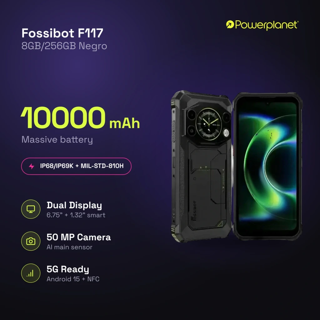 Smartphone robusto Fossibot F117 5G naranja con marco reforzado, pantalla 6,75 pulgadas 120Hz, triple cámara trasera y detalles metálicos industriales - Ítem1
