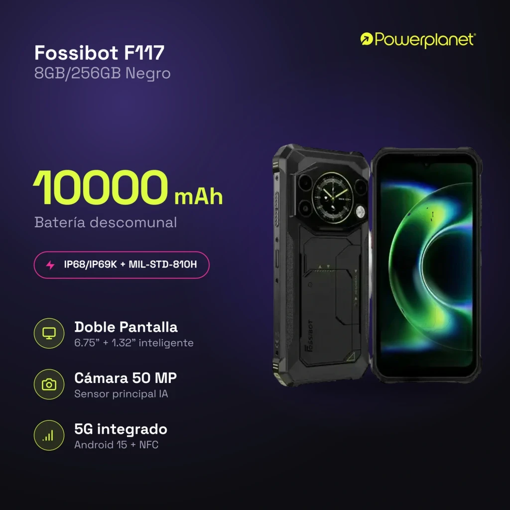 Smartphone robusto Fossibot F117 5G naranja con marco reforzado, pantalla 6,75 pulgadas 120Hz, triple cámara trasera y detalles metálicos industriales - Ítem4