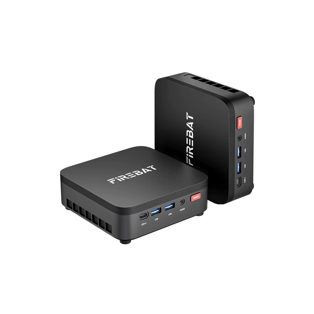Mini PC Firebat R3 compacto em preto fosco, logo no topo, portas frontais USB-C, 2x USB, áudio e botão Power; laterais com grelhas de ventilação - Item2