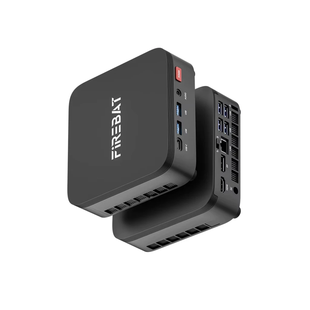 Mini PC Firebat R3 compacto em preto fosco, logo no topo, portas frontais USB-C, 2x USB, áudio e botão Power; laterais com grelhas de ventilação - Item3