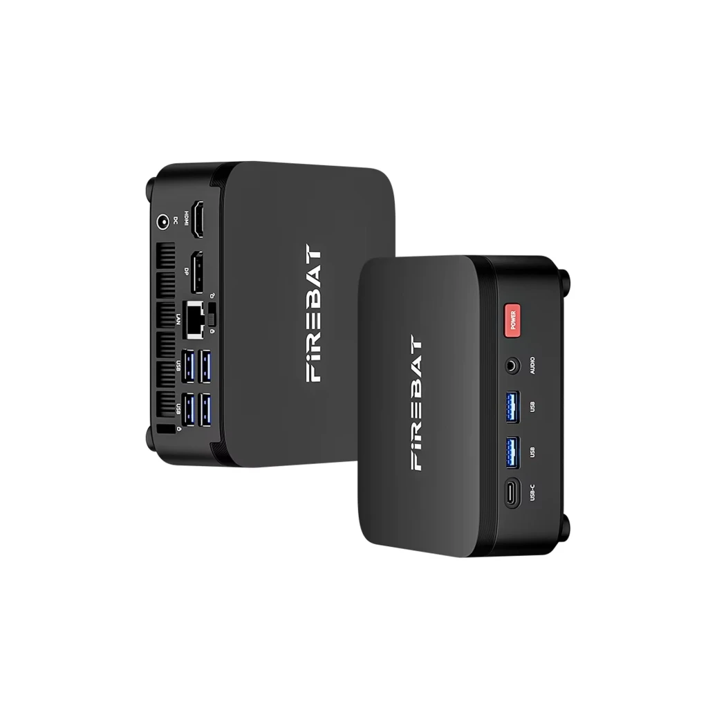 Mini PC Firebat R3 compacto em preto fosco, logo no topo, portas frontais USB-C, 2x USB, áudio e botão Power; laterais com grelhas de ventilação - Item4