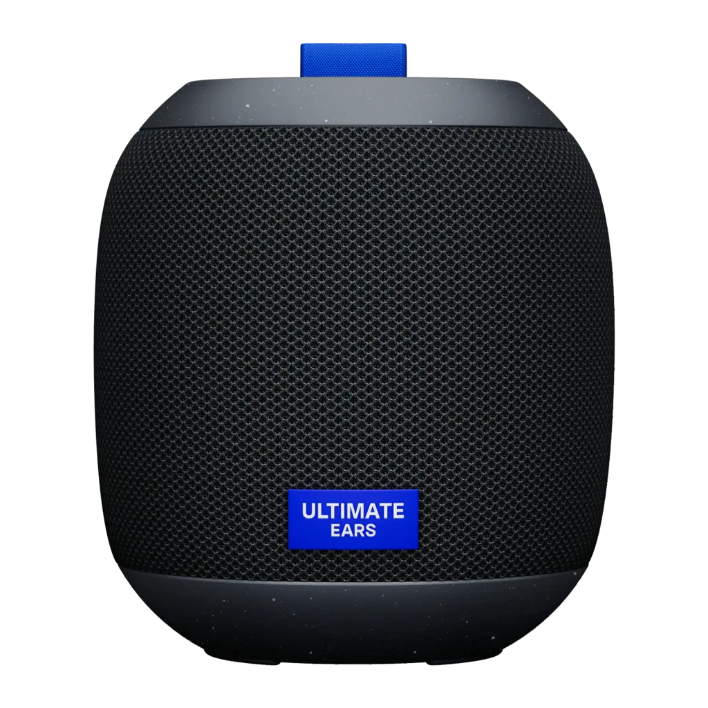 Altavoz portátil negro con rejilla de malla, etiqueta azul Ultimate Ears al frente y asa superior azul; diseño compacto, robusto y resistente al agua IP67