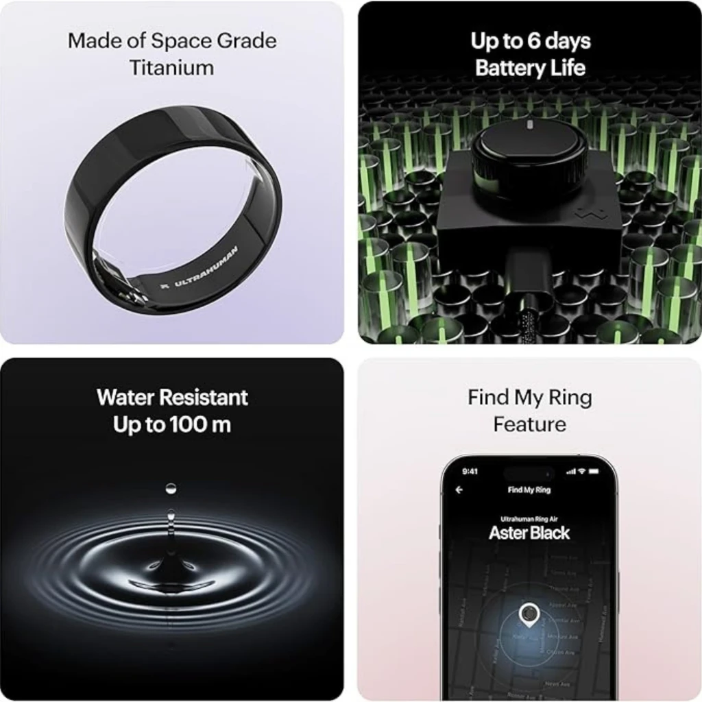 Anel inteligente Ultrahuman Ring Air tamanho 10 em titânio 10 ATM cor Aster Black, acabamento brilhante e interior com sensores e circuitos visíveis - Item2