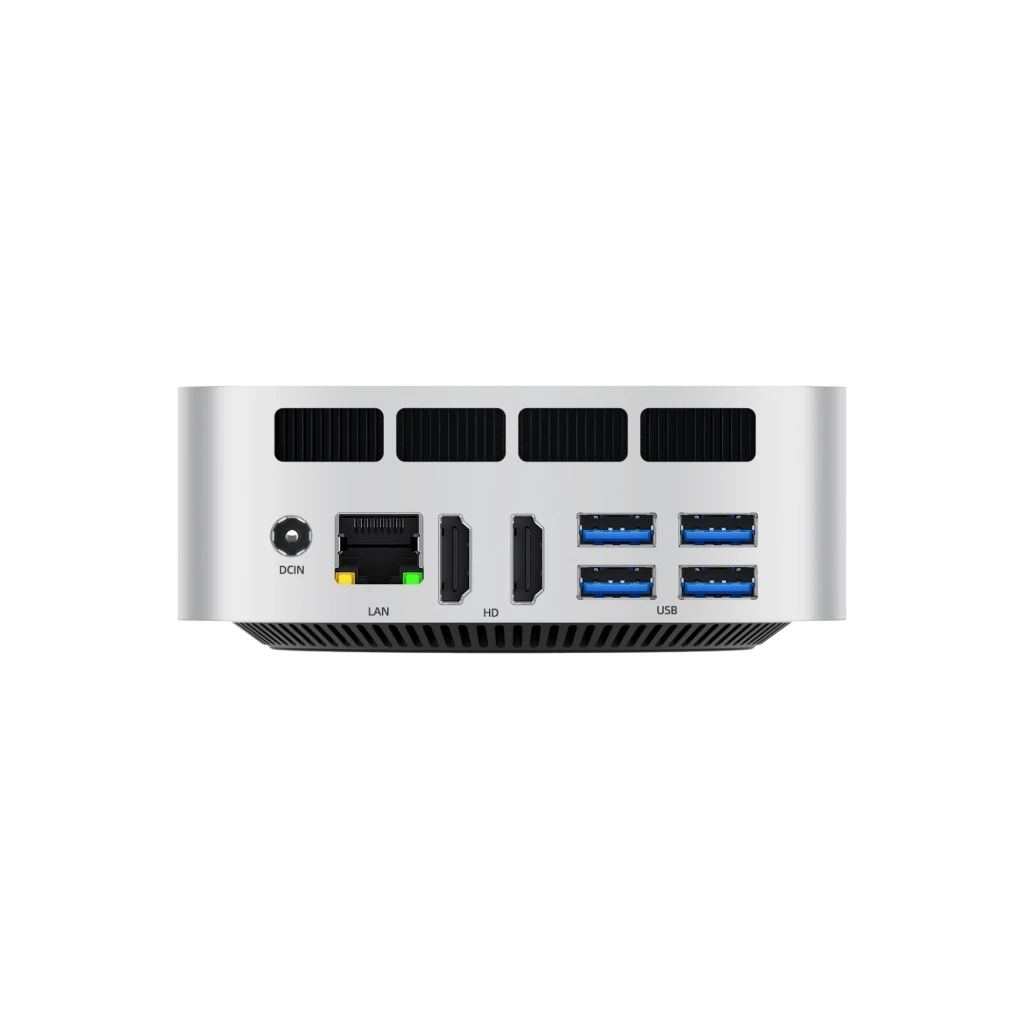 Mini PC MQR MQR6 prateado, frontal com portas USB-C, USB-A azul, jack 3,5 mm e botão de energia; grelha de ventilação inferior preta - Item1
