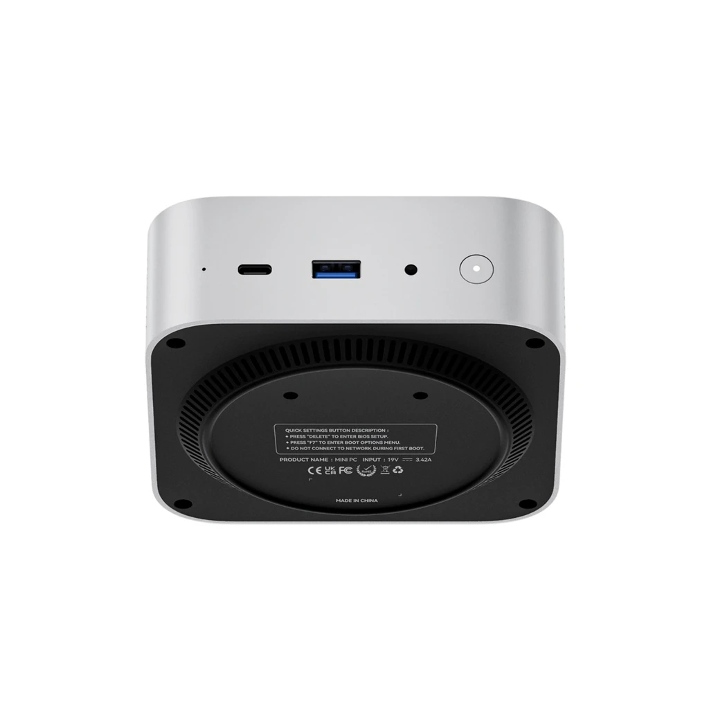 Mini PC MQR MQR6 prateado, frontal com portas USB-C, USB-A azul, jack 3,5 mm e botão de energia; grelha de ventilação inferior preta - Item4