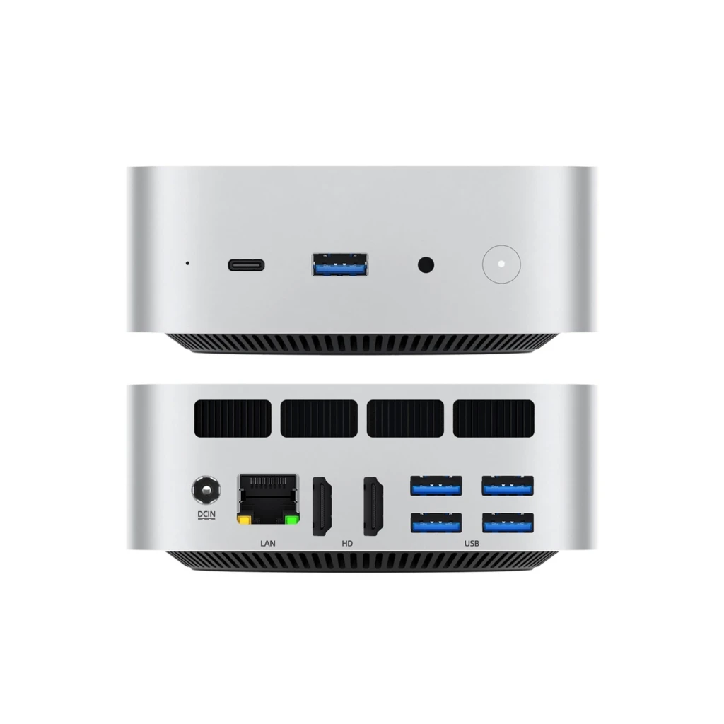 Mini PC MQR MQR6 prateado, frontal com portas USB-C, USB-A azul, jack 3,5 mm e botão de energia; grelha de ventilação inferior preta - Item5