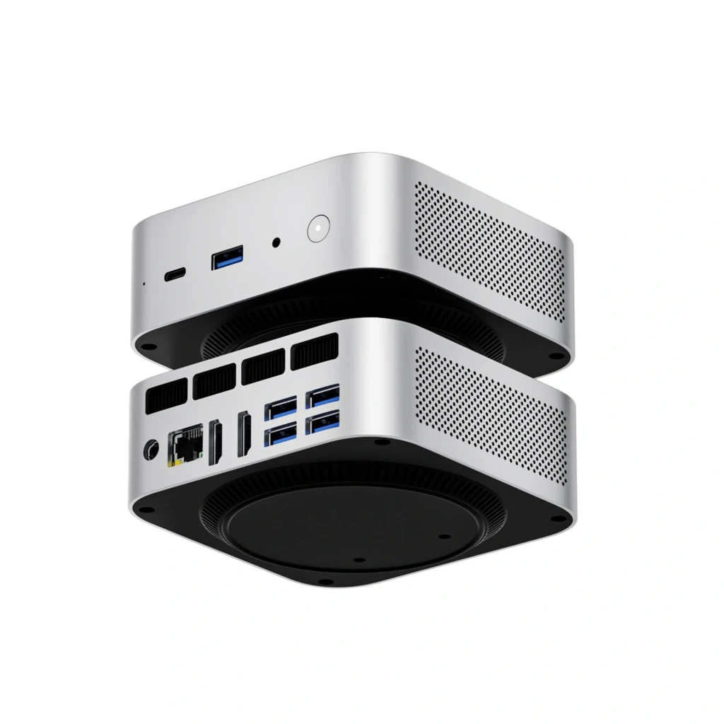 Mini PC MQR MQR6 prateado, frontal com portas USB-C, USB-A azul, jack 3,5 mm e botão de energia; grelha de ventilação inferior preta - Item6