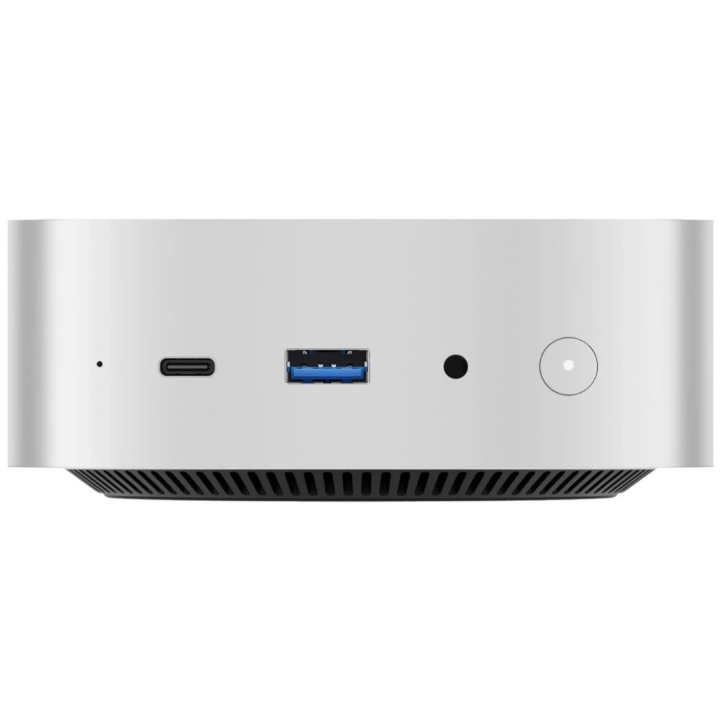 Mini PC MQR MQR6 prateado, frontal com portas USB-C, USB-A azul, jack 3,5 mm e botão de energia; grelha de ventilação inferior preta - Item