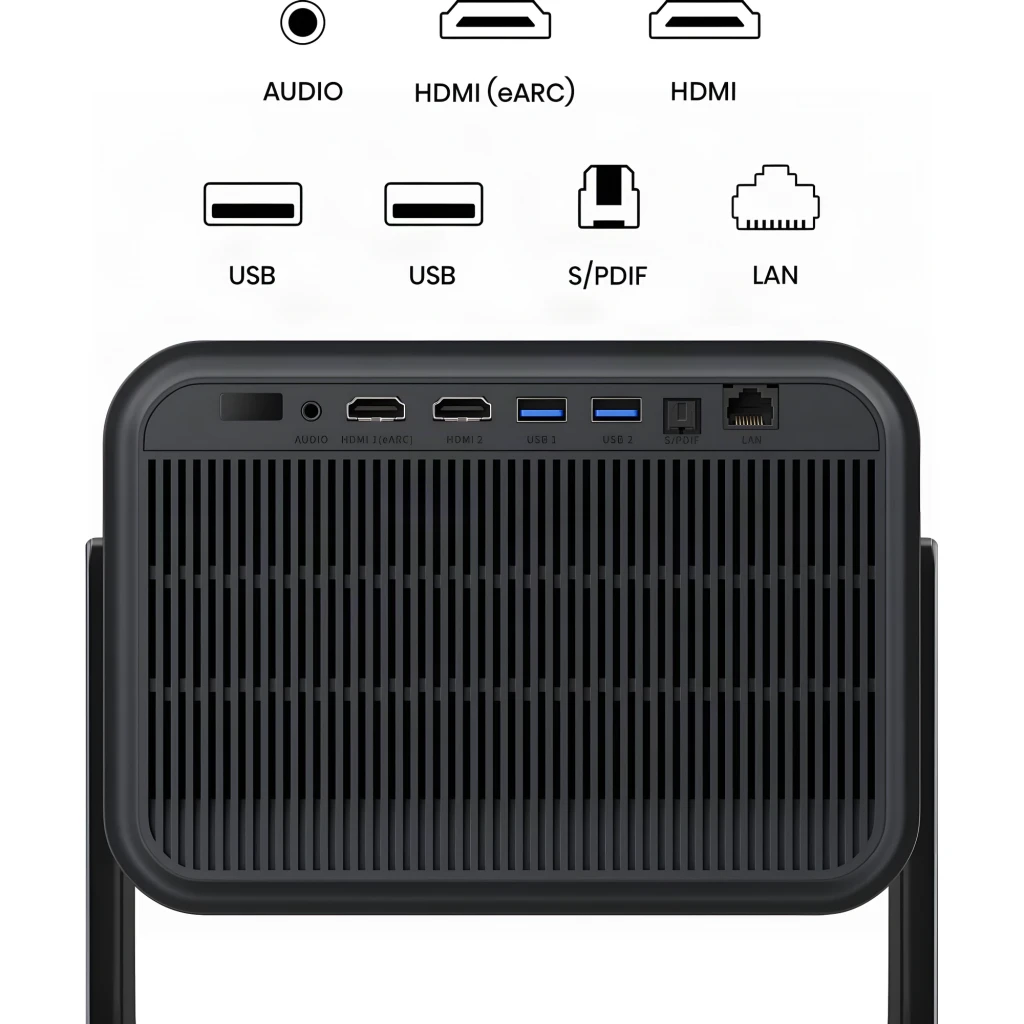 Proyector Hisense C3 con lente frontal grande, acabado metálico gris, soporte integrado en forma de U, ventilación lateral perforada y logotipos 4K e IMAX - Ítem5