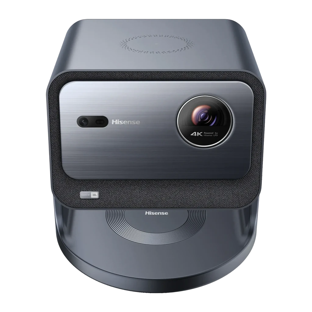 Proyector Hisense C3 con lente frontal grande, acabado metálico gris, soporte integrado en forma de U, ventilación lateral perforada y logotipos 4K e IMAX - Ítem1