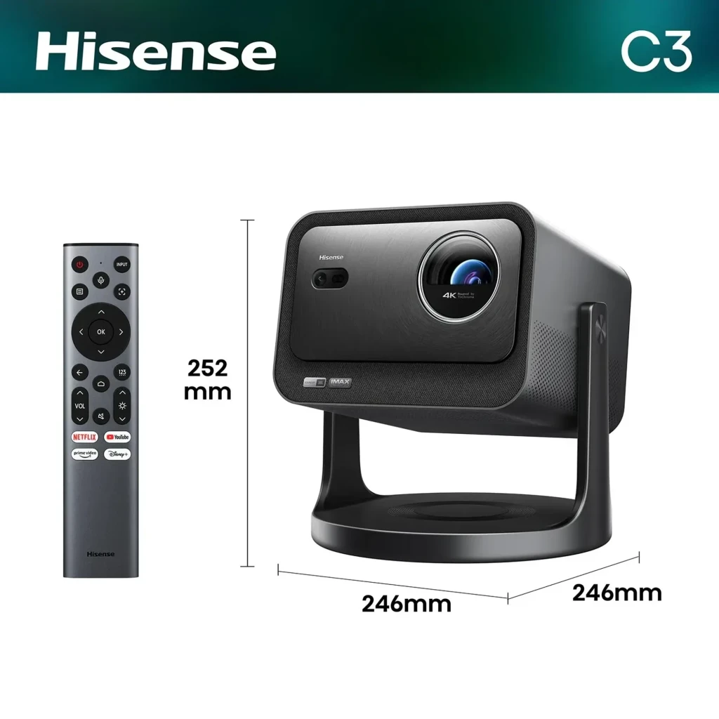 Proyector Hisense C3 con lente frontal grande, acabado metálico gris, soporte integrado en forma de U, ventilación lateral perforada y logotipos 4K e IMAX - Ítem11