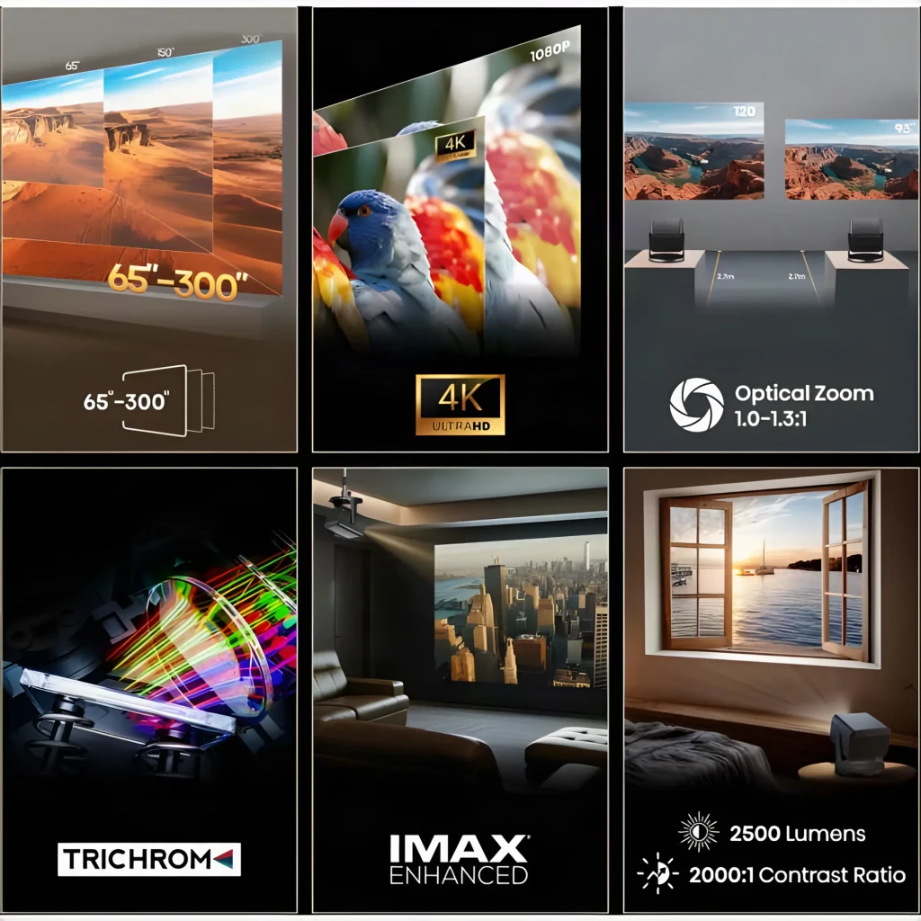 Proyector Hisense C3 con lente frontal grande, acabado metálico gris, soporte integrado en forma de U, ventilación lateral perforada y logotipos 4K e IMAX - Ítem10
