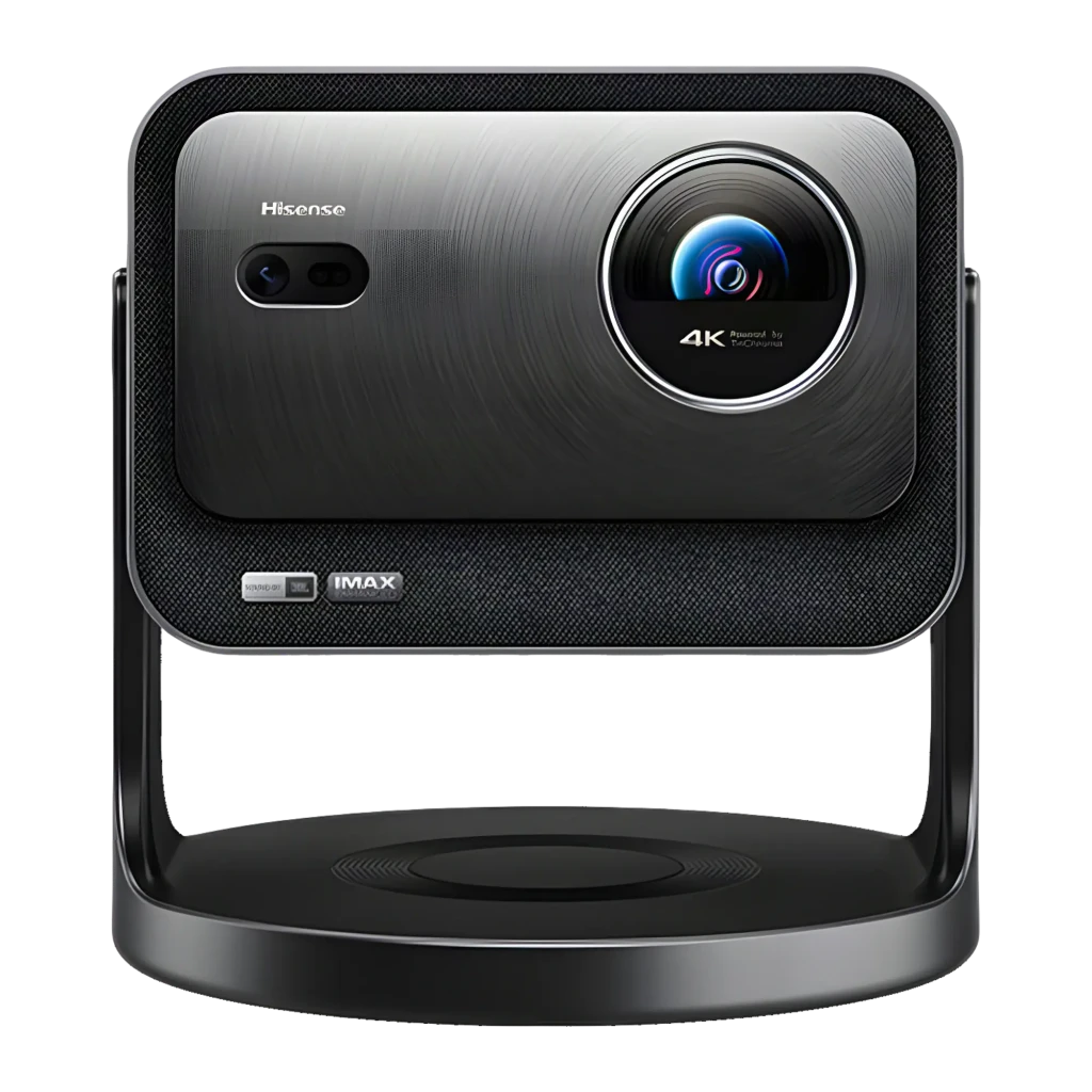 Proyector Hisense C3 con lente frontal grande, acabado metálico gris, soporte integrado en forma de U, ventilación lateral perforada y logotipos 4K e IMAX - Ítem2
