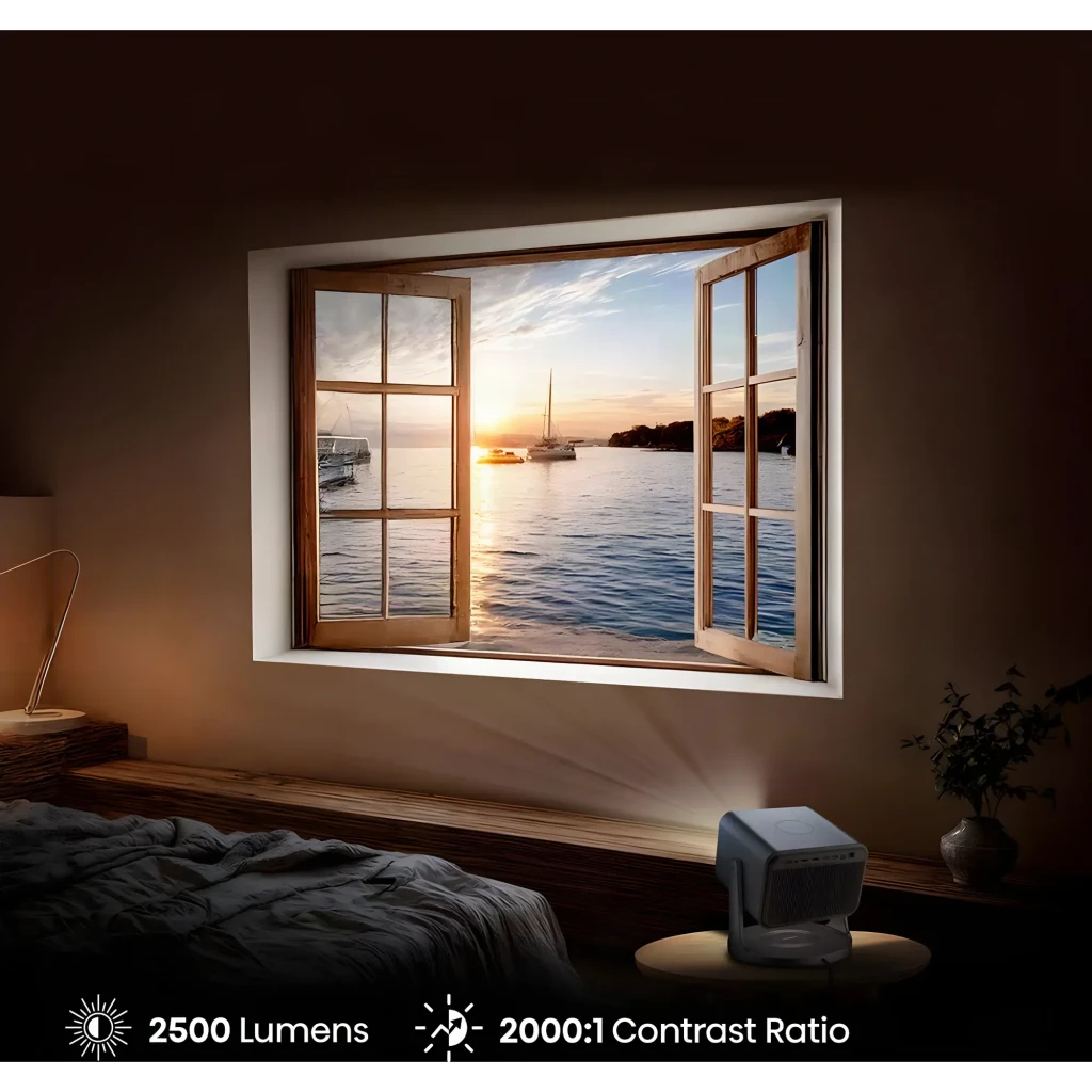 Proyector Hisense C3 con lente frontal grande, acabado metálico gris, soporte integrado en forma de U, ventilación lateral perforada y logotipos 4K e IMAX - Ítem9
