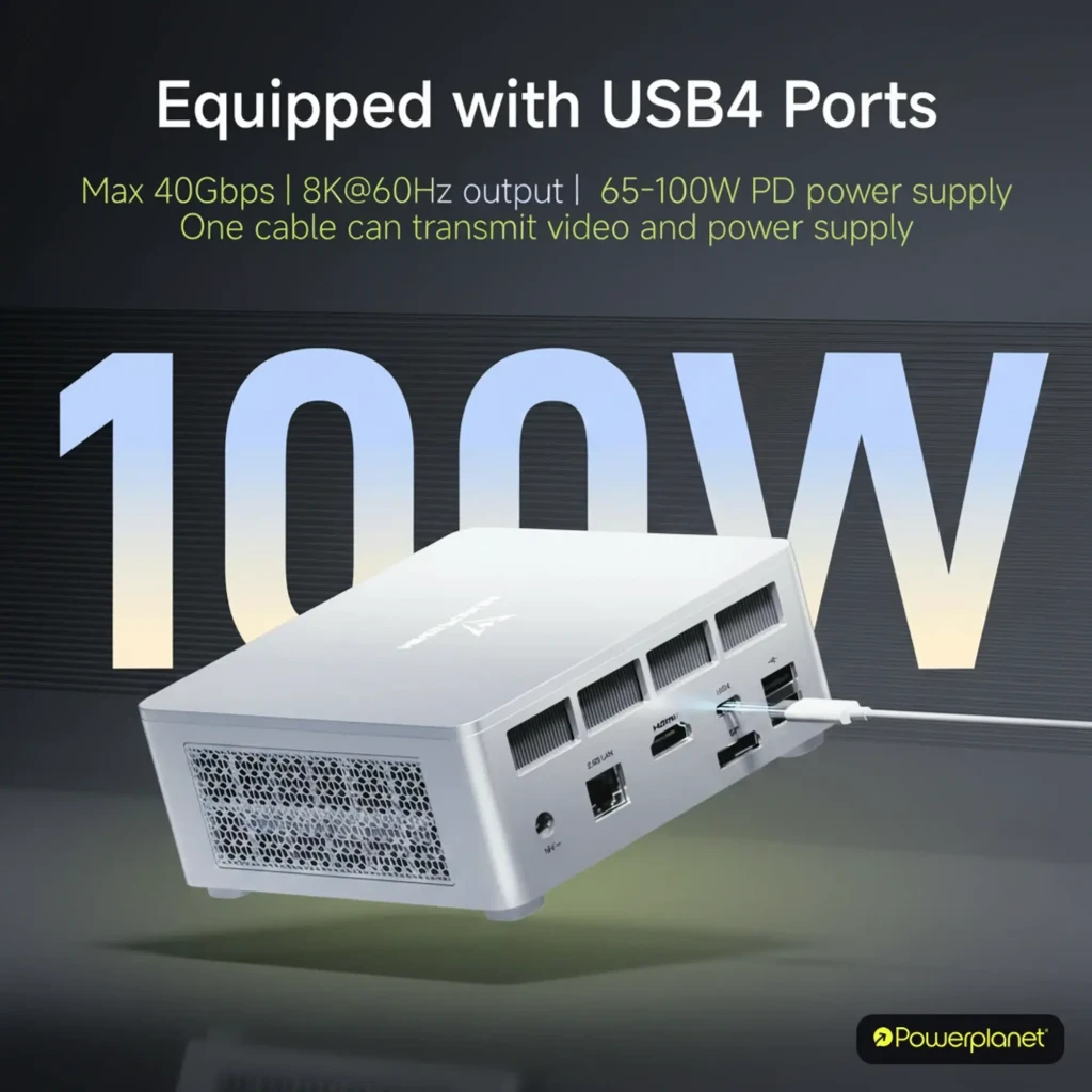 Mini PC Minisforum UM870 Slim plateado, compacto, con rejillas laterales, puertos frontales USB y audio, y panel trasero con HDMI, USB, Ethernet y ventilación - Ítem1