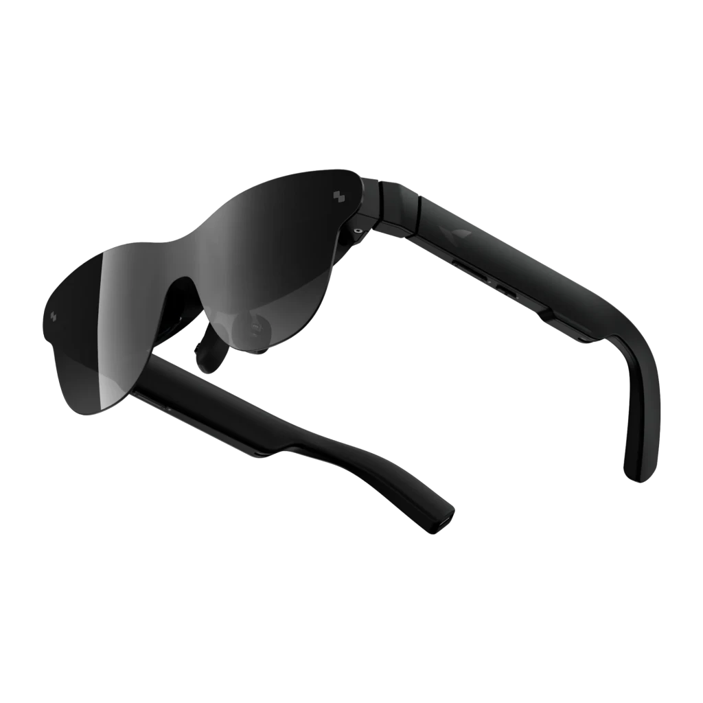 Óculos AR RayNeo Air 4 Pro com lente escura contínua, armação preta curva e hastes grossas; design elegante e discreto, ideal para micro‑OLED 1080p por - Item3