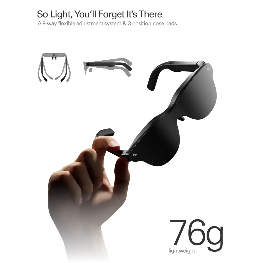 Óculos AR RayNeo Air 4 Pro com lente escura contínua, armação preta curva e hastes grossas; design elegante e discreto, ideal para micro‑OLED 1080p por - Item7