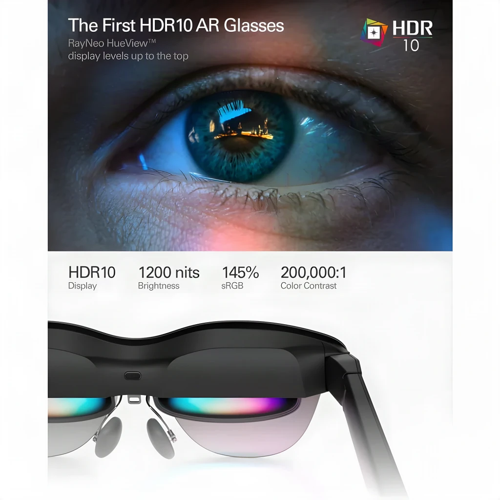 Óculos AR RayNeo Air 4 Pro com lente escura contínua, armação preta curva e hastes grossas; design elegante e discreto, ideal para micro‑OLED 1080p por - Item5