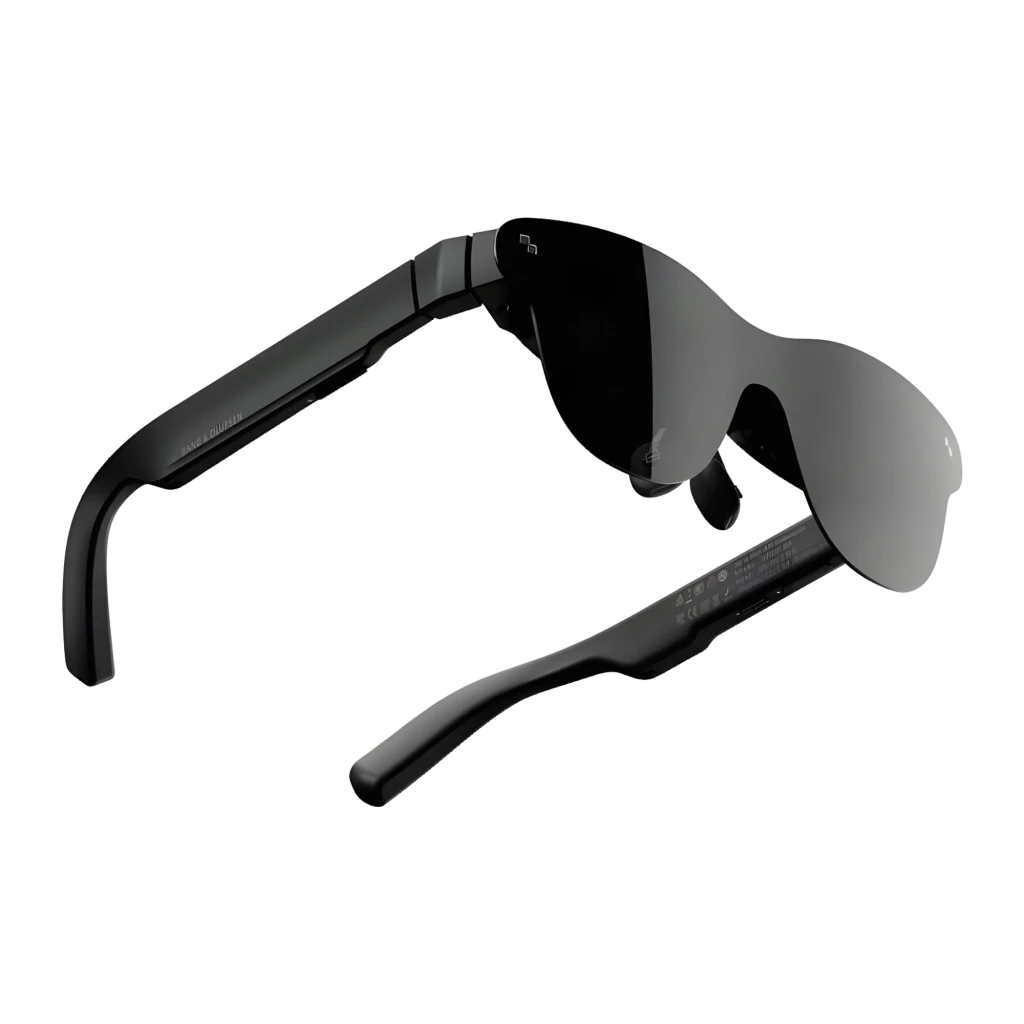 Óculos AR RayNeo Air 4 Pro com lente escura contínua, armação preta curva e hastes grossas; design elegante e discreto, ideal para micro‑OLED 1080p por - Item2