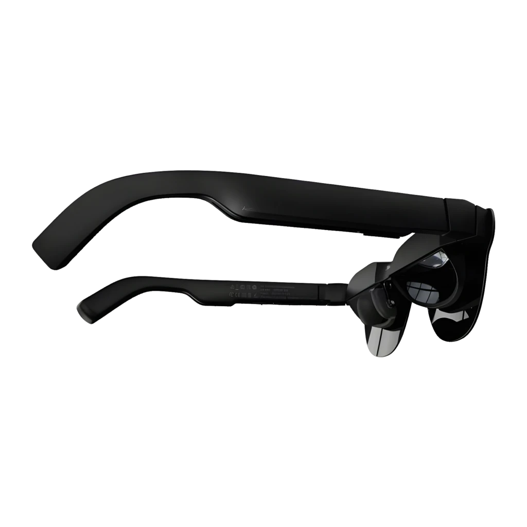 Óculos AR RayNeo Air 4 Pro com lente escura contínua, armação preta curva e hastes grossas; design elegante e discreto, ideal para micro‑OLED 1080p por - Item1