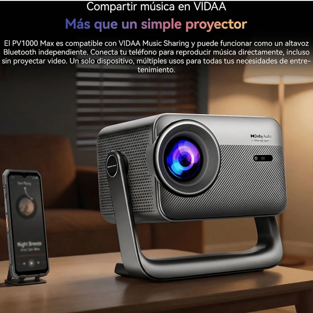 Proyector Blackview PV1000 Max plateado con lente grande multicolor, soporte integrado tipo asa, ventilación lateral y logotipo Dolby Audio en el frente - Ítem6