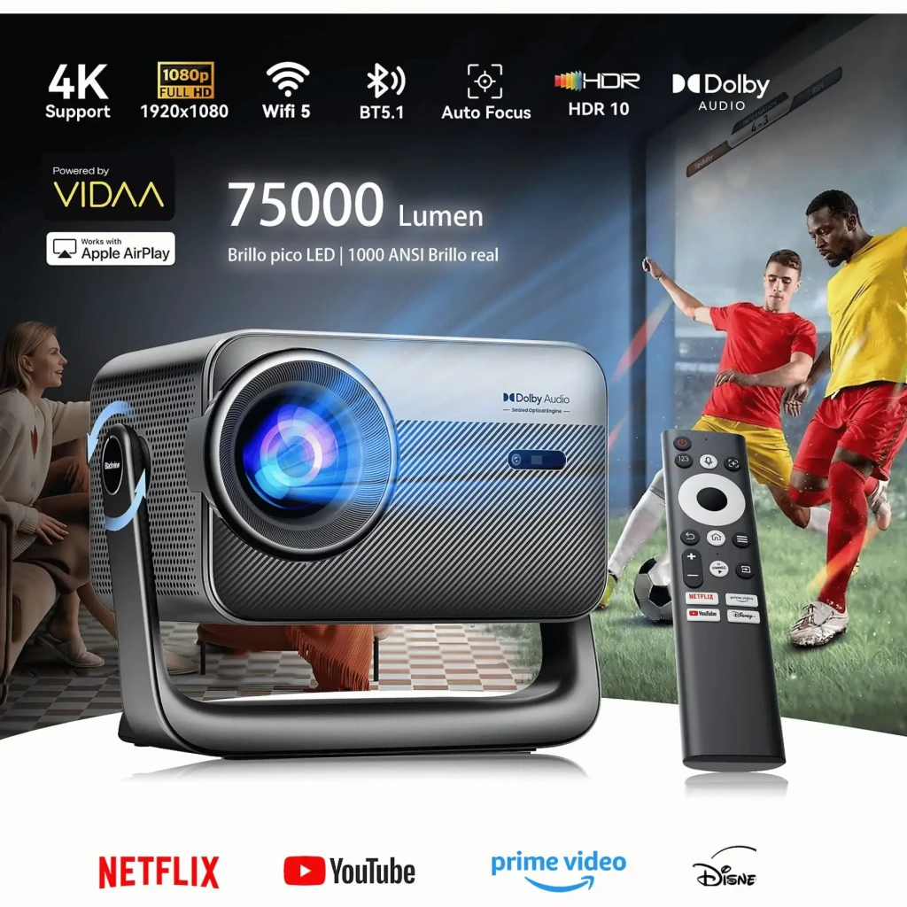 Proyector Blackview PV1000 Max plateado con lente grande multicolor, soporte integrado tipo asa, ventilación lateral y logotipo Dolby Audio en el frente - Ítem7