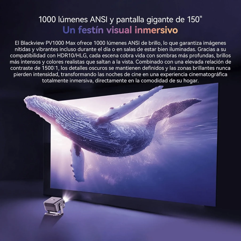 Proyector Blackview PV1000 Max plateado con lente grande multicolor, soporte integrado tipo asa, ventilación lateral y logotipo Dolby Audio en el frente - Ítem2