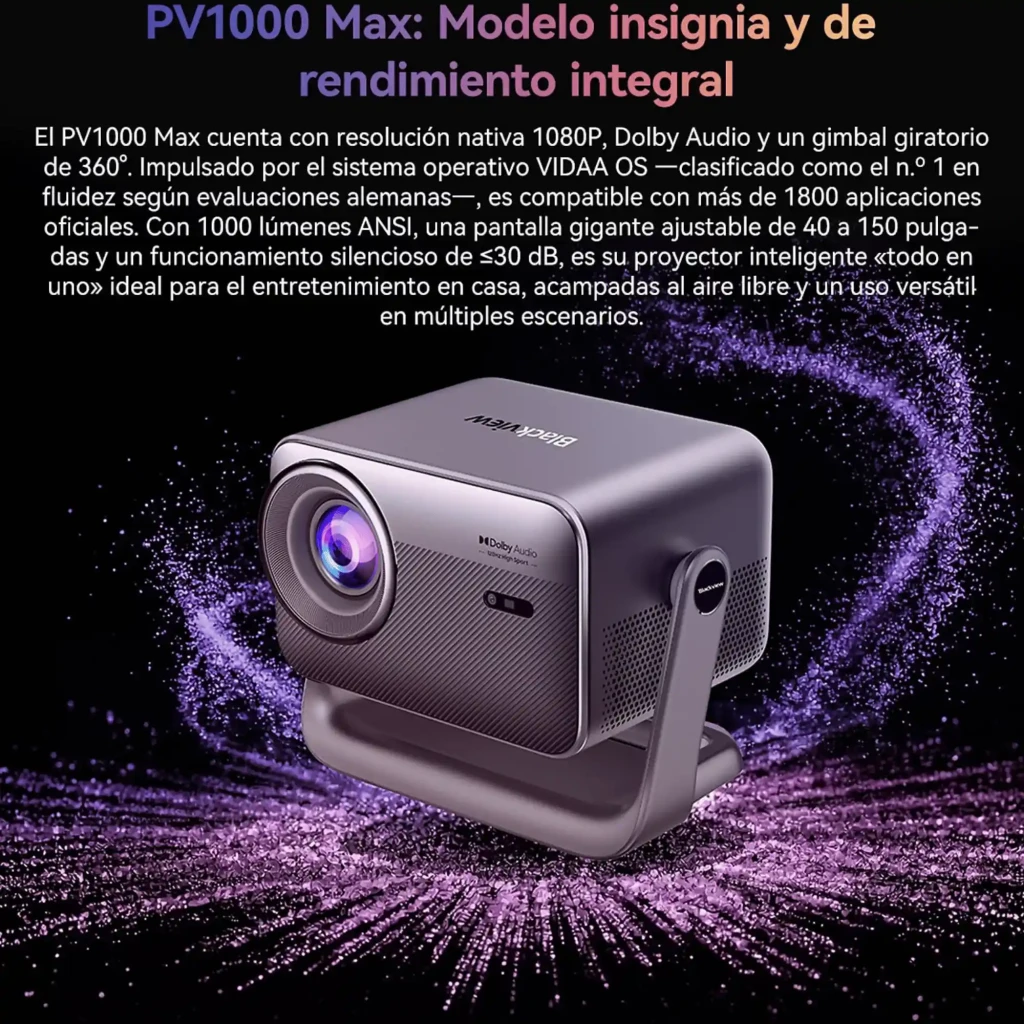 Proyector Blackview PV1000 Max plateado con lente grande multicolor, soporte integrado tipo asa, ventilación lateral y logotipo Dolby Audio en el frente - Ítem5