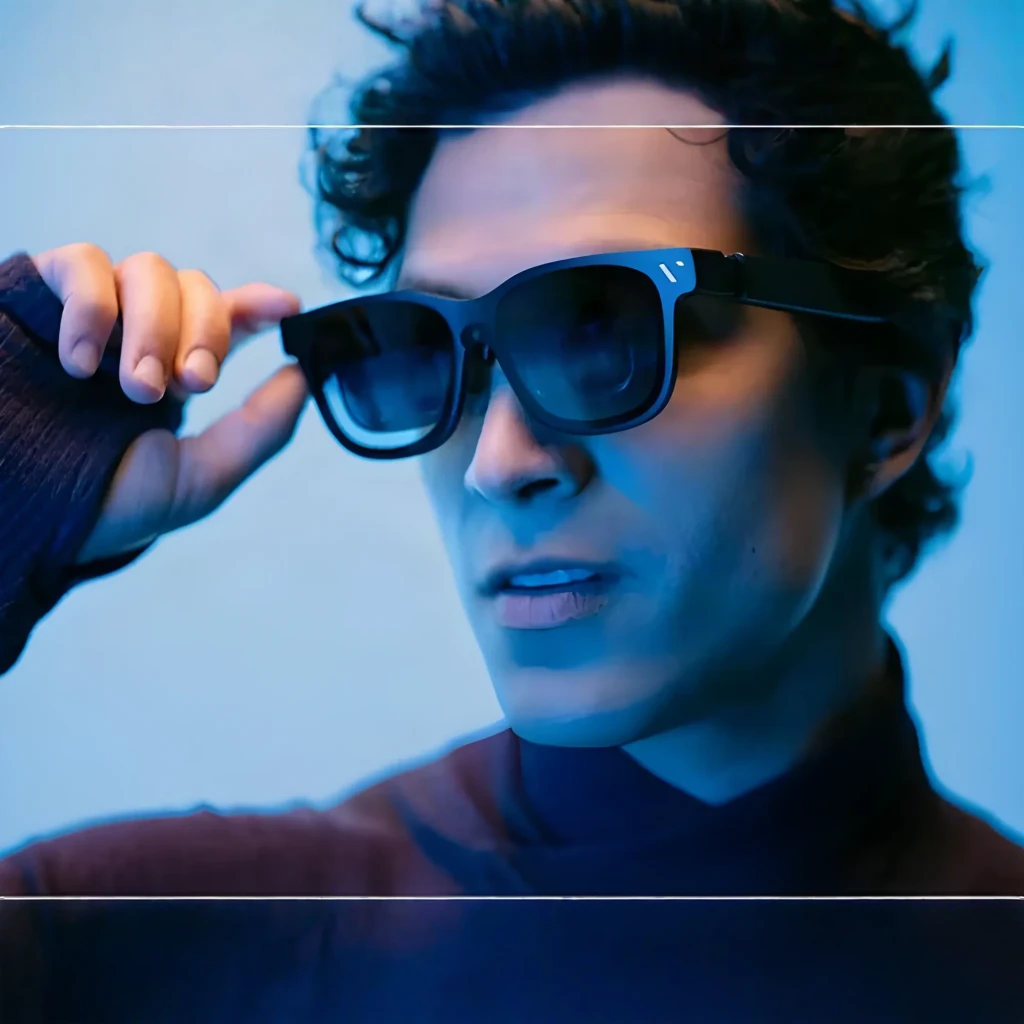 Lunettes de réalité augmentée VITURE XR Beast avec verres bleutés, monture noire mate, branches épaisses et accents bleus, design moderne et léger - Ítem5