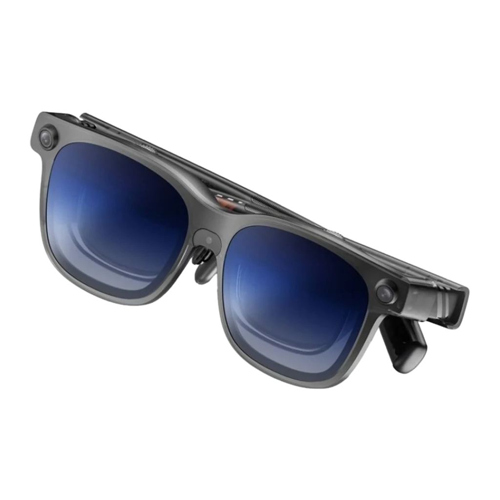VITURE XR Luma Ultra Realidad Aumentada: gafas negras con lentes azules espejadas, patillas de fibra de carbono con detalles naranjas y bisagras robustas - Ítem1