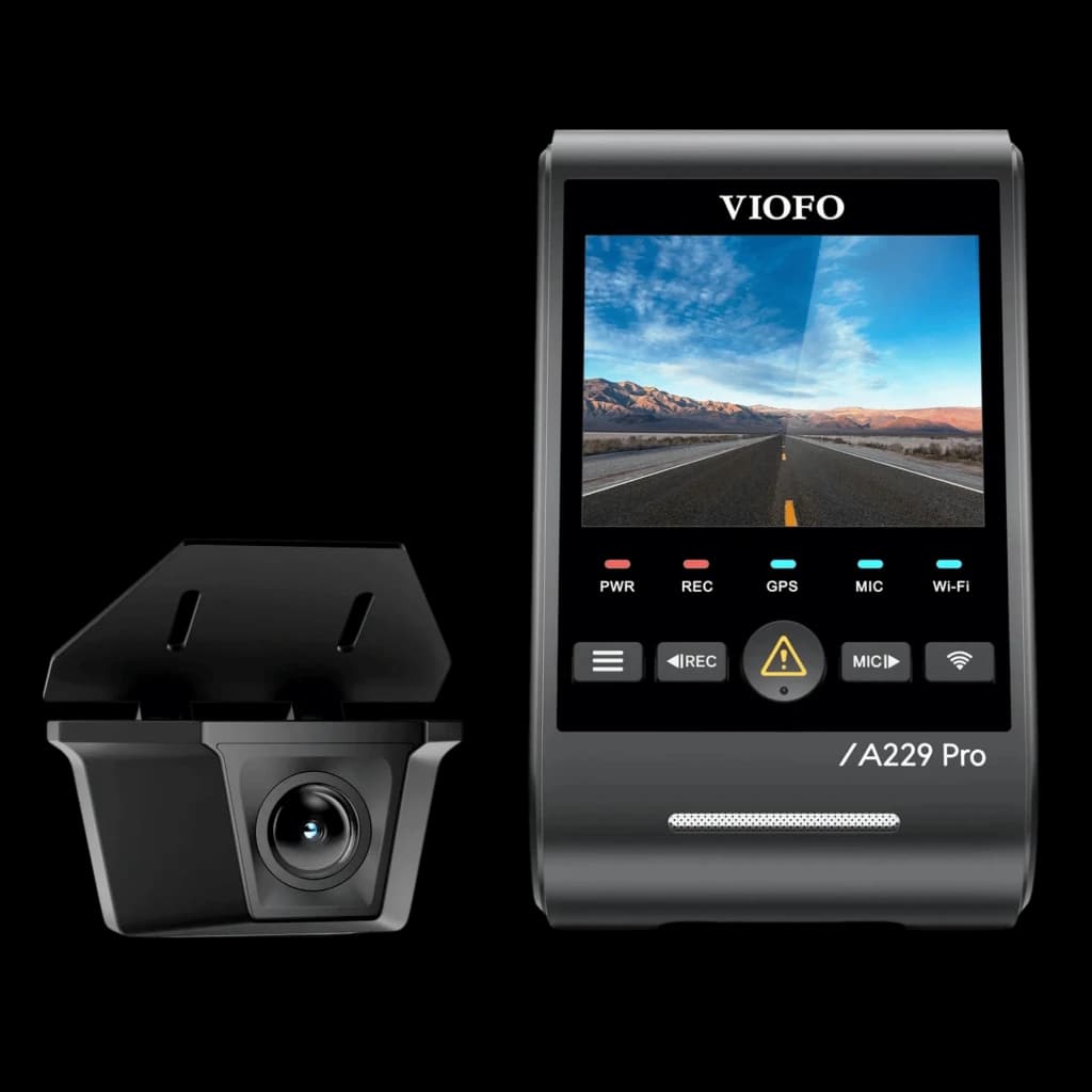VIOFO A229 Pro-W double caméra: écran couleur, capteur avant 4K, module arrière 2K compact, GPS, Wi‑Fi, témoins LED, boîtier étanche, capteurs Sony
