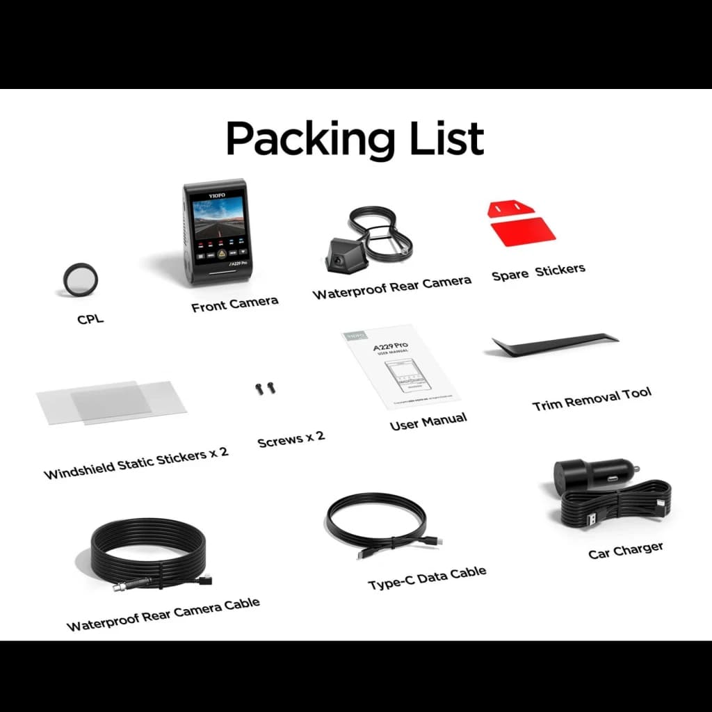 Accessoires VIOFO A229 Pro-W: caméra avant, caméra arrière étanche, filtre CPL, câbles, chargeur auto, adhésifs, vis, outil démontage, manuel