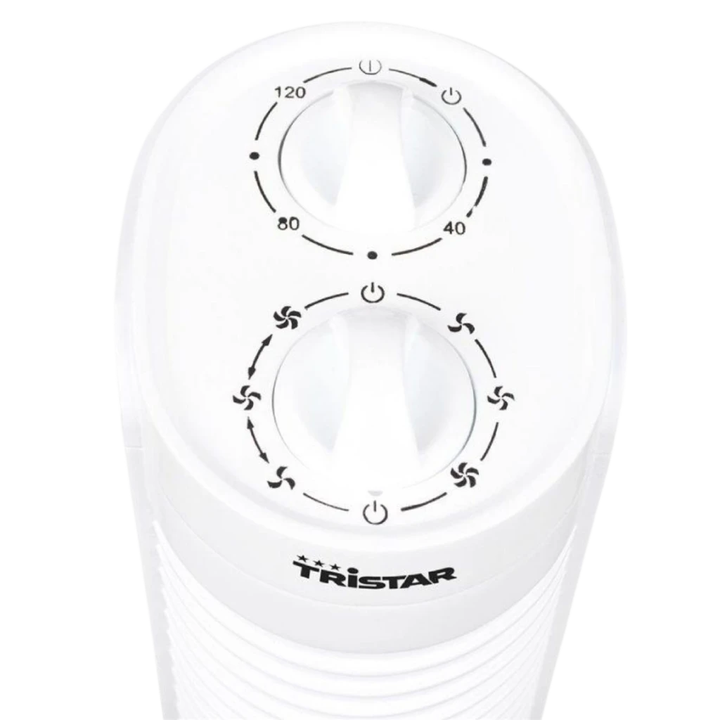 Tristar VE-5900 ventilateur colonne blanc 35 W, design mince, grille verticale noire, socle rond stable, commandes supérieures, 3 vitesses visibles - Ítem2
