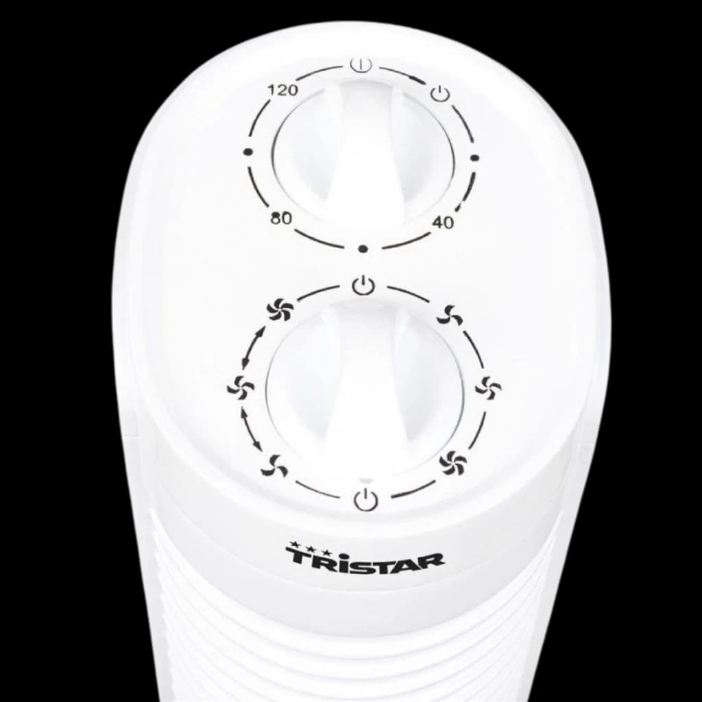 Topo do Tristar VE-5900 em branco com dois seletores: temporizador de até 120 min e 3 velocidades, design de torre com grelhas horizontais