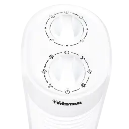 Panel superior del Tristar VE-5900 en blanco con dos perillas: temporizador de 0 a 120 min y selector de 3 velocidades, diseño de rejillas verticales