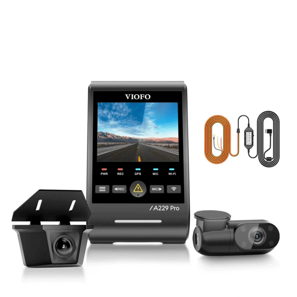 Caméra embarquée VIOFO A229 Pro-W 3CH avec écran couleur, module avant compact, caméra arrière étanche cylindrique et voyants d’état visibles - Ítem1